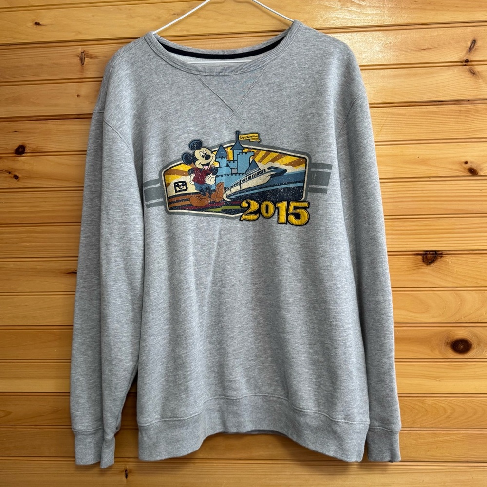 Disney Parks Gray Crewneck Sweatshirt with Mickey Mouse Monorail 2015 Graphic L